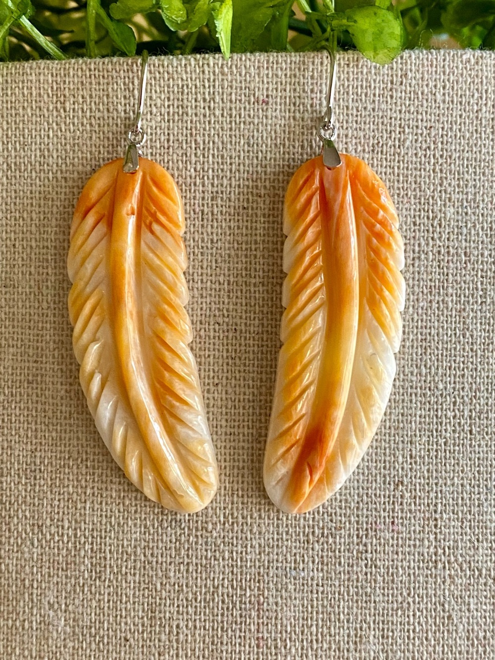 Orange spiny oyster carved feather dangle earrings sterling southwestern boho